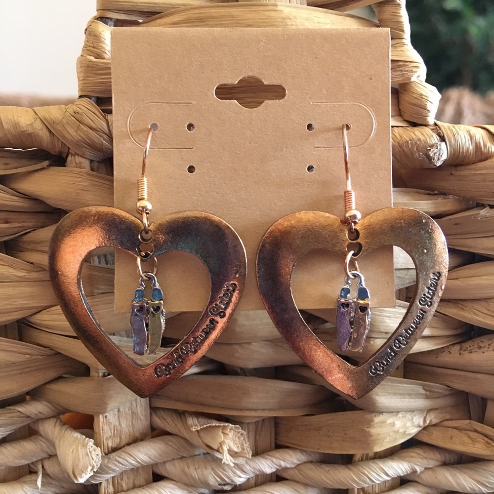 Vintage repurpose aged gold heart drop earrings